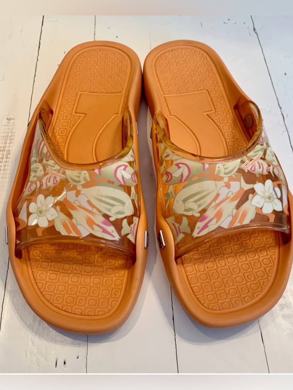 Vintage Salvatore Ferragamo Y2K Orange Koi Fish Jelly Slide Sandals Womens 8.5